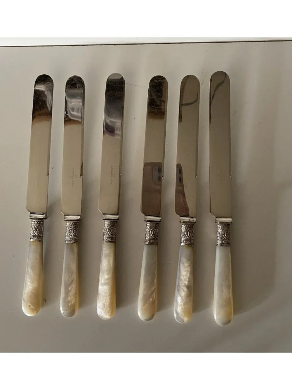 Set of 6 Antique J Russell & Co Mother of Pearl Handle Luncheon Knives 1834